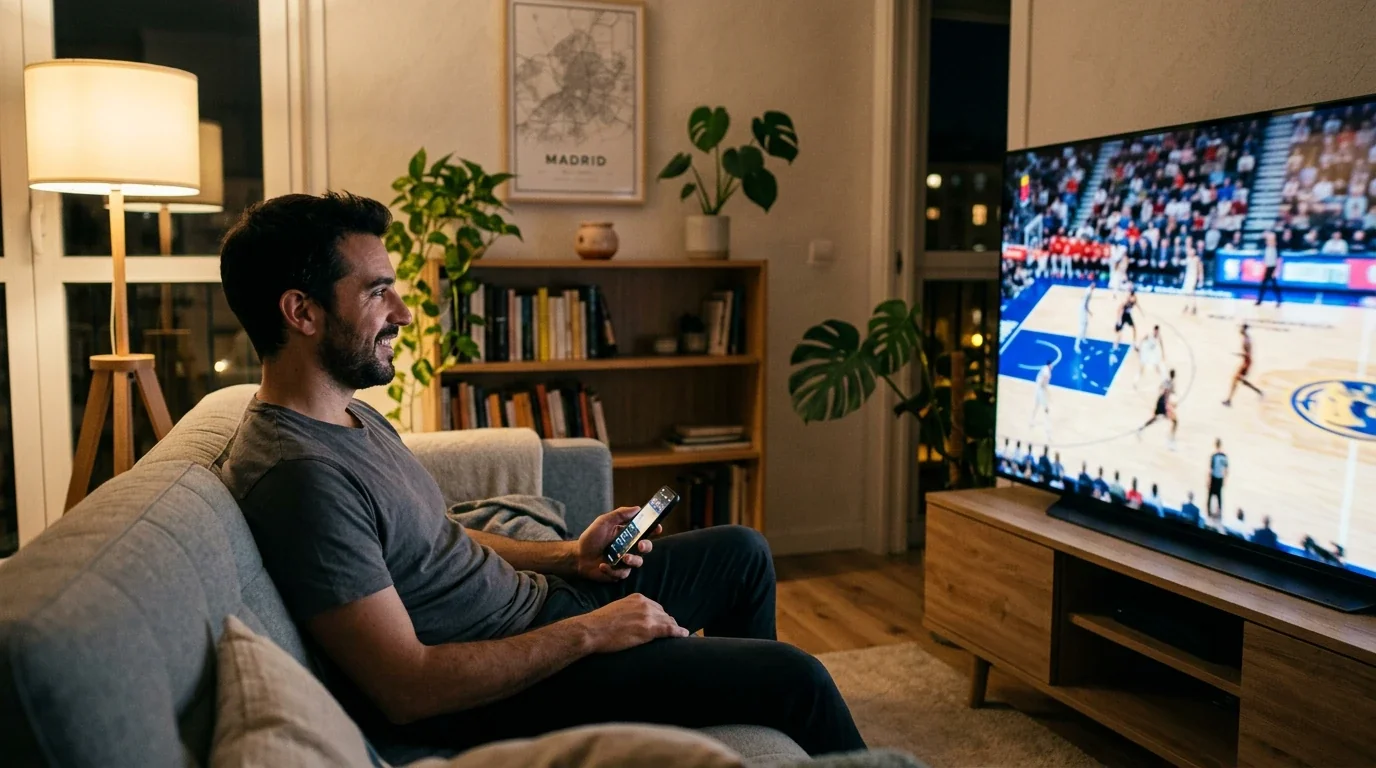 Aficionado español siguiendo un partido de NBA desde el sofá con el móvil en la mano