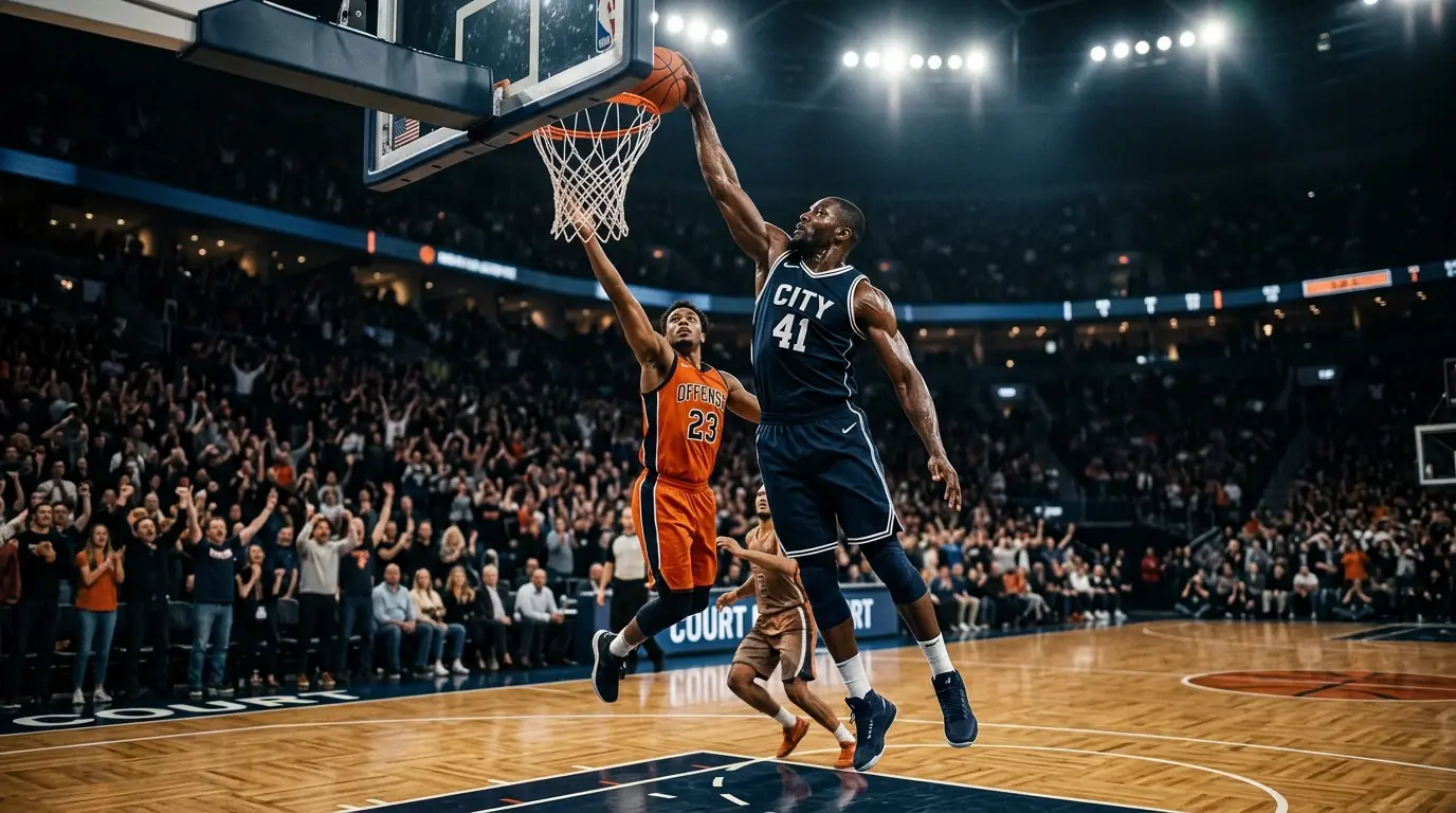 Jugador NBA defendiendo la canasta con bloqueo en el aire
