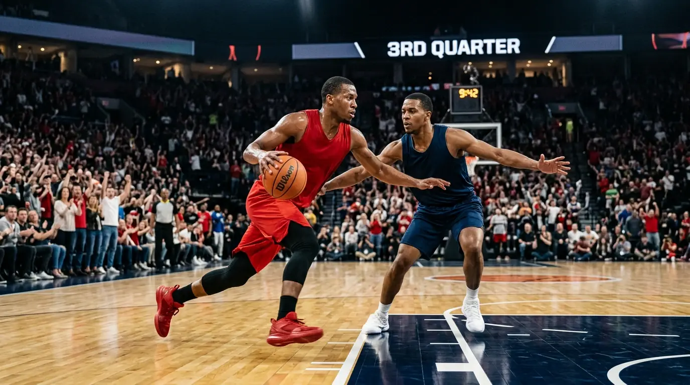 Jugadores de baloncesto NBA en acción durante un partido con el marcador mostrando el tercer cuarto