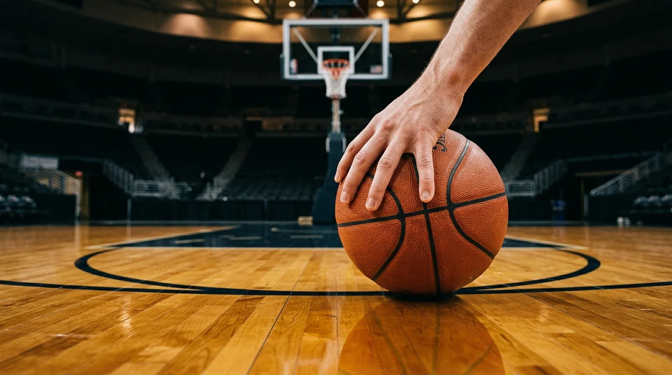 Mano sosteniendo un balón de baloncesto naranja sobre el parqué iluminado de una cancha NBA, con el aro al fondo