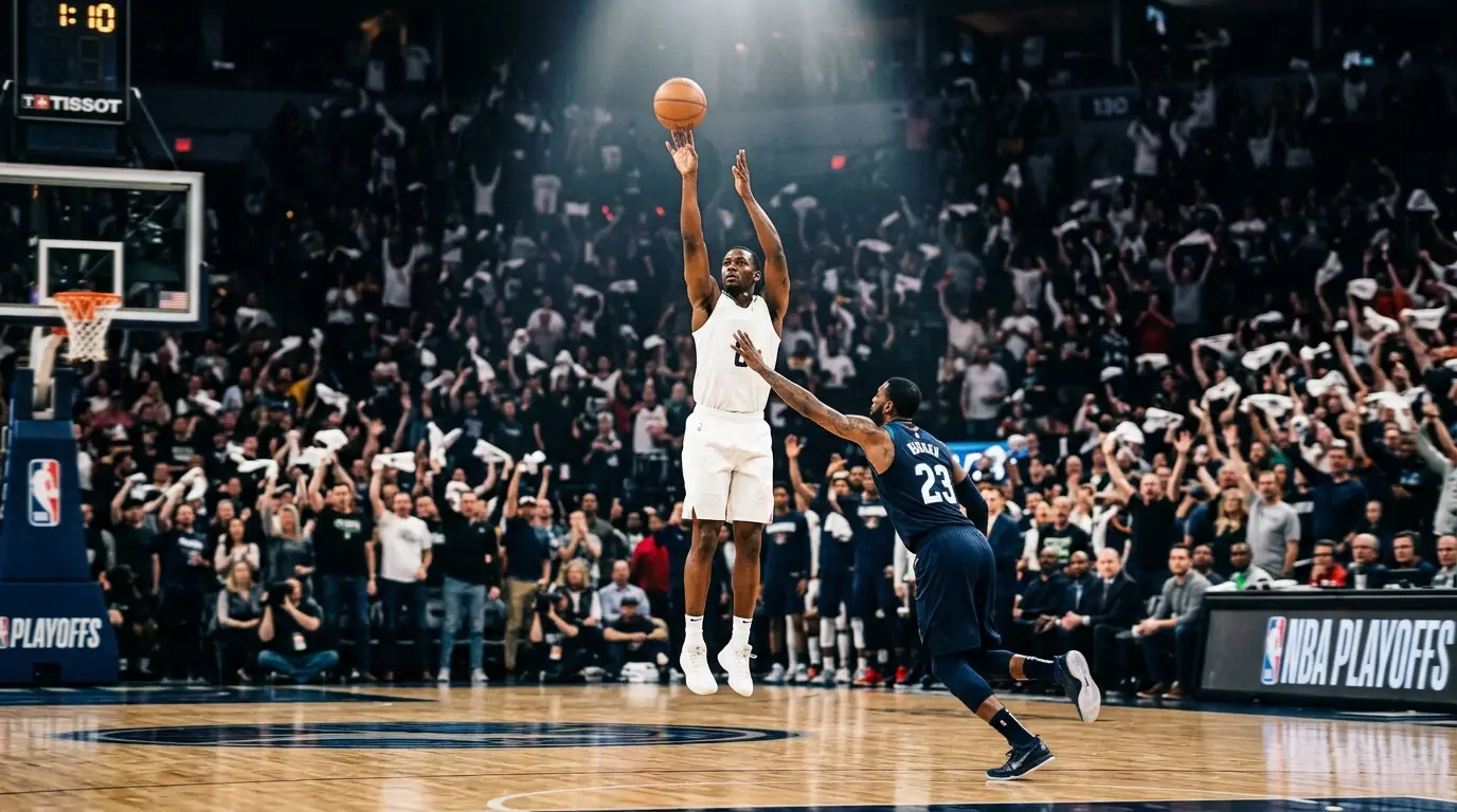 Jugador de la NBA lanzando a canasta en un momento decisivo de playoffs ante un pabellón lleno