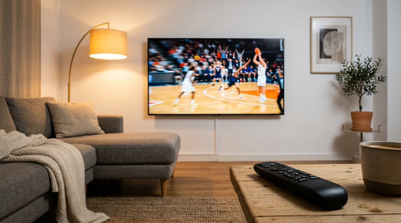 Televisor mostrando un partido de la NBA en el salón de una casa con mando a distancia en primer plano