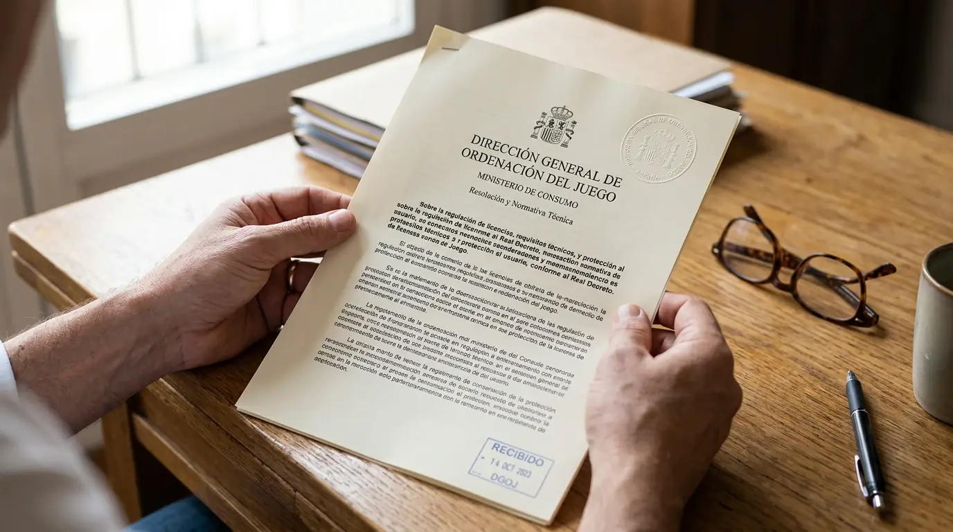Persona revisando un documento oficial con el sello de la Dirección General de Ordenación del Juego